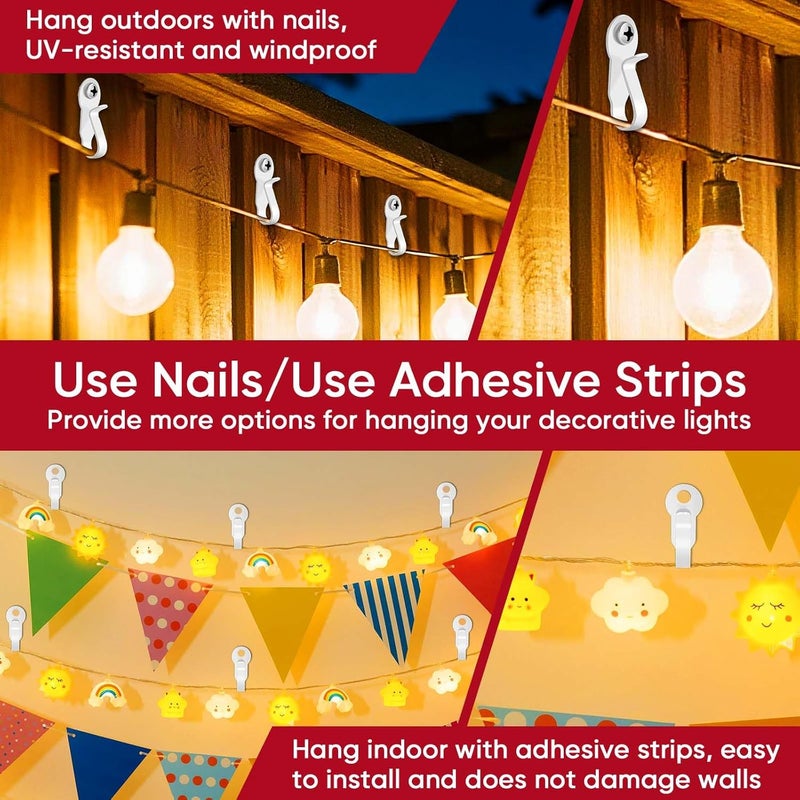 Dreecy 60 Pack Hooks for Outdoor String Lights Clips, Metal Heavy Duty String Light Hook with Screw & Adhesive Strips, Christmas Light Clips for Outside or Indoor Holiday Decor, Fairy Led Lights, Etc. White - Image 2